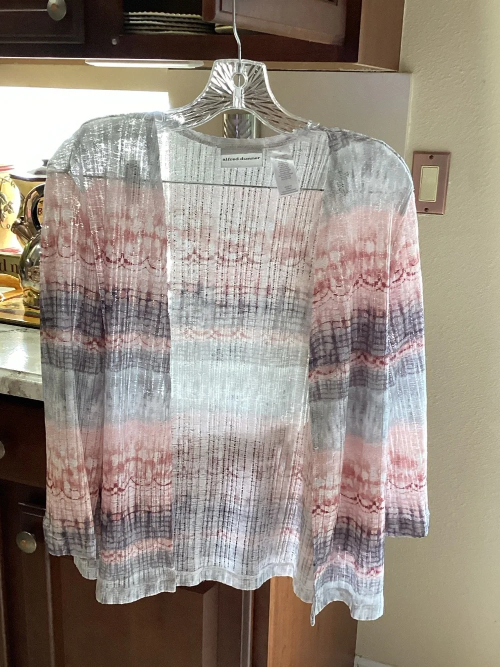 Alfred Dunner Pink, Gray & White Open-Front Lightweight Cardigan
